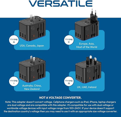 Ceptics Universal Travel Adapter, 45W International Power Adapter with PD & QC 3.0 Dual USB-C, 3 USB Travel Adapter Worldwide, Type I C G A Outlets 110V 220V A/C - EU Euro US UK (11-KU)