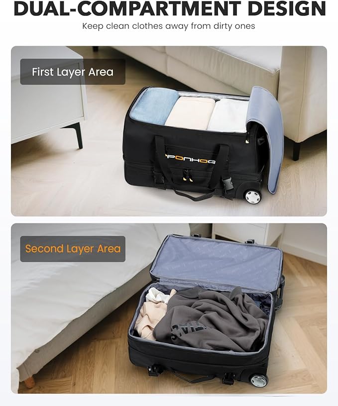21 Inch Expandable Duffle Bag with Wheels for Men - Water Resistant Wheeled Duffle Bag for Weekend Travel & Overnight Trips,Black