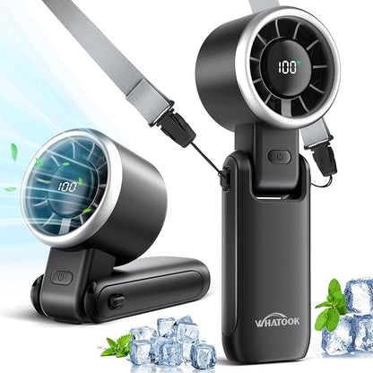 WHATOOK Portable Fan Rechargeable Mini Fans: Hand Fan with Air Turbo Tech, 4000mAh and 5 Speeds Led Display, 3 IN 1 Foldable Small Personal Fans for Travel, Outdoor, Working, Shopping (Black)