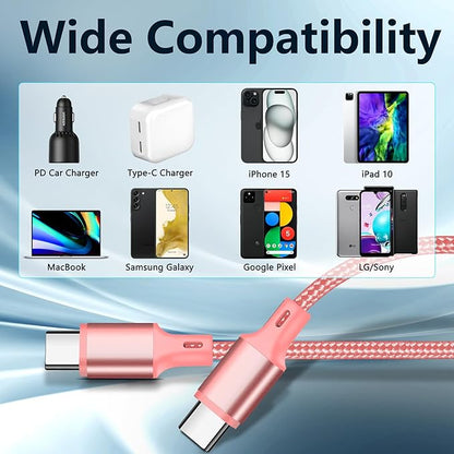 cugunu USB C to USB C Charger Cable, Nylon Braided 3Pack 60W 6.6FT Type C Fast Charging Cord Compatible for iPhone 15/16/17/Pro/Max/Plus, iPad, Air5, MacBook, Samsung, Google-Pink
