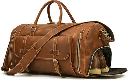 Full-grain Genuine Leather Travel Bag Large Capacity Duffel Luggage Bag with Shoe Compartment, Men Women Shoulder Bag for Weekend Holiday Business Trip, Light Brown