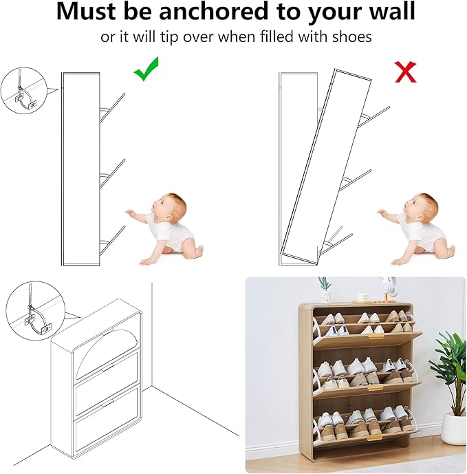 Hidden Shoe Cabinet with Drawer, Free Standing Narrow Shoe Rack Cabinet for Entryway Slim, 3 Flip Drawer Shoe Storage Organizer Cabinet for Entry,Hallway,Door,Dorm,Small Spaces - Natural