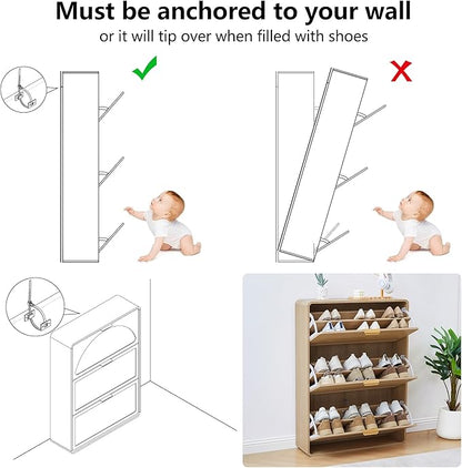 Hidden Shoe Cabinet with Drawer, Free Standing Narrow Shoe Rack Cabinet for Entryway Slim, 3 Flip Drawer Shoe Storage Organizer Cabinet for Entry,Hallway,Door,Dorm,Small Spaces - Natural