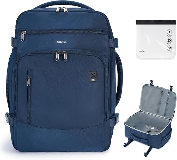 ECOHUB Travel Backpack for Men, 18x14x8 Spirit Airlines Personal Item Bag with Clear Toiletry Bag, Laptop Carry on Backpack with USB Port, Airline Approved Under Seat 14 Pockets 30L, Blue