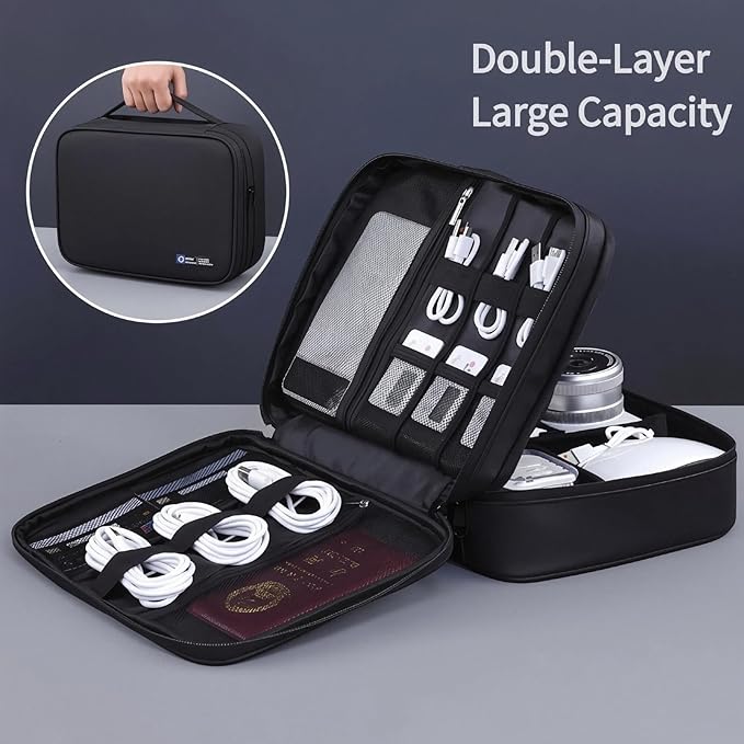 Electronics Organizer Travel Case,Cord Organizer Travel, Double-Layer Cable Organizer Bag, Tech Pouch Accessories Carry Storage For Phone, Cables, Airpods, USB, Sd Card,Essentials (Black)