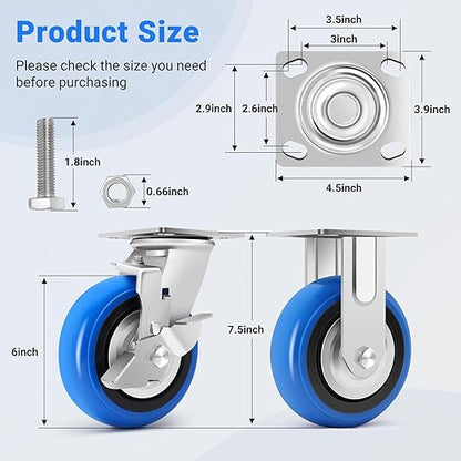W B D WEIBIDA 6 Inch Heavy Duty Casters Set of 4, Smooth Rolling Caster Design for Cart Wheels, 4500 LBS Industrial Grade Castors with Upgraded Thickened Bracket, Durable Castors (2 Brake & 2 Rigid)