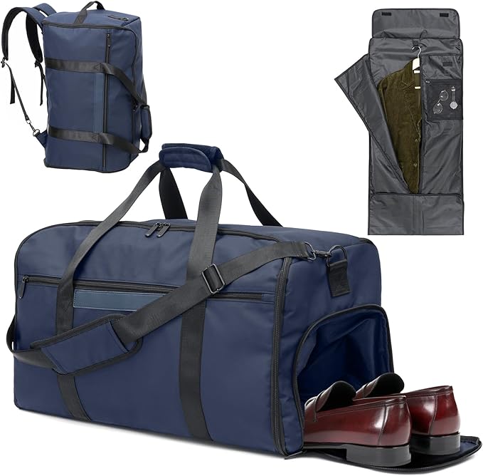 GARPROVM Garment Bags for Travel, 4 in 1 Convertible Garment Duffle Bags with Separated Suit Bag Shoe Compartment, Waterproof Carry On Luggage Bag Backpack Weekender Bag for Short Trip, Navy