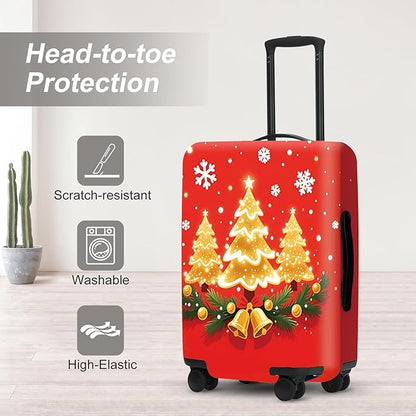 Golden Christmas Trees Luggage Cover - Sparkling Trees with Bells and Holly on Red Background, Elegant Holiday Design Stretchable Suitcase Protector for 24 26 Inch Travel Bags