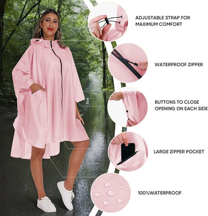 PTEROMY Hooded Rain Poncho for Adult with Pocket and Zipper, Waterproof Lightweight Raincoat for Men and Women