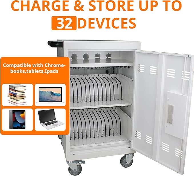 32 Device Mobile Charging Cart with Password Lock, Mobile Ipad Cart for iPads, Chromebooks and Laptop Computers, Locking Charging Station with Lock & Key for The Front Back Door, Surge Protection