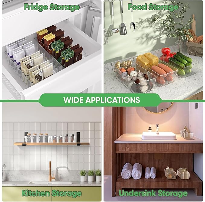 8 Pack Pantry Organizers,Clear Plastic Organizer Bins for Kitchen,Fridge,Drawer Organization and Storage,4 compartment Snack Containers for Spice Packets,Tea bag