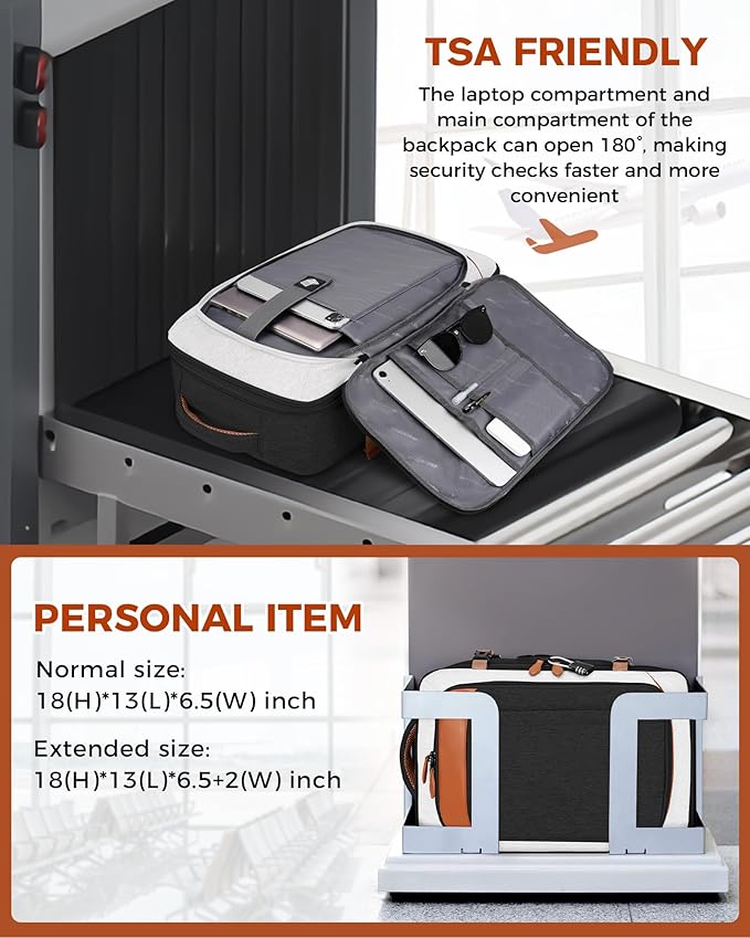Vancropak Flight Approved 40L Expandable Carry On Travel Backpack, Lightweight Weekend & Short Trip Travel Bag with 3 Packing Cubes, Water-Resistant Anti-Theft Luggage for Men Women, Black White Brown