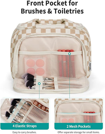 Narwey Large Travel Toiletry Bag, Wide-open Travel Bag for Toiletries, Toiletry Bags for Traveling Women, Cosmetic Make Up Makeup Bag Organizer with Wet Pocket, Skincare Bag (Light Checkerboard)