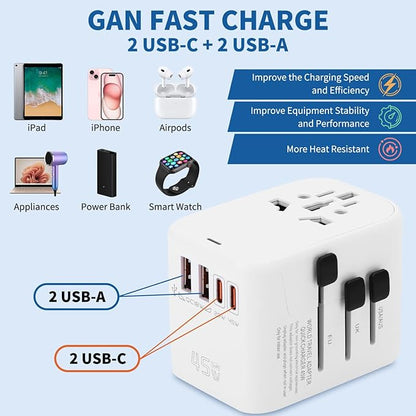Aigostar 5-in-1 Universal Travel Adapter, GaN 45W Fast Charge International Plug Adapter with 2 Type-C & 2 USB-A Ports, Worldwide Power Adaptor Wall Charger for EU US UK AUS CHN JP Travel Business