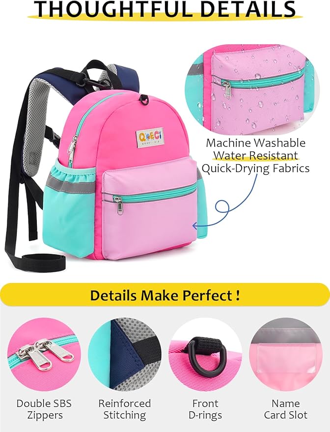 Toddler Backpack with Leash for Boys Girls Kids Kindergarten Nursery, 11” Baby Leash Backpack with Reflective, Toddler Bookbag with Anti-Lost Harness for Walking, Light Pink