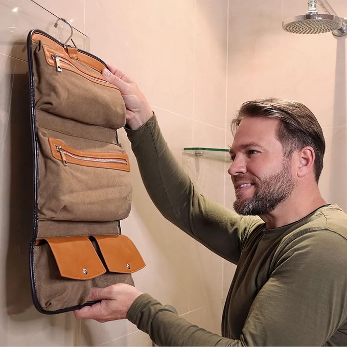 Vetelli Leather Toiletry Bag for Men - Water Resistant, 2 Zippered Internal Pockets, 2 Snap-Fastened Internal Pockets, and Hanging Hook.