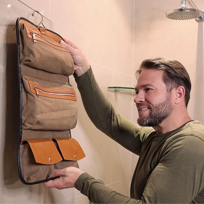 Vetelli Leather Toiletry Bag for Men - Water Resistant, 2 Zippered Internal Pockets, 2 Snap-Fastened Internal Pockets, and Hanging Hook.