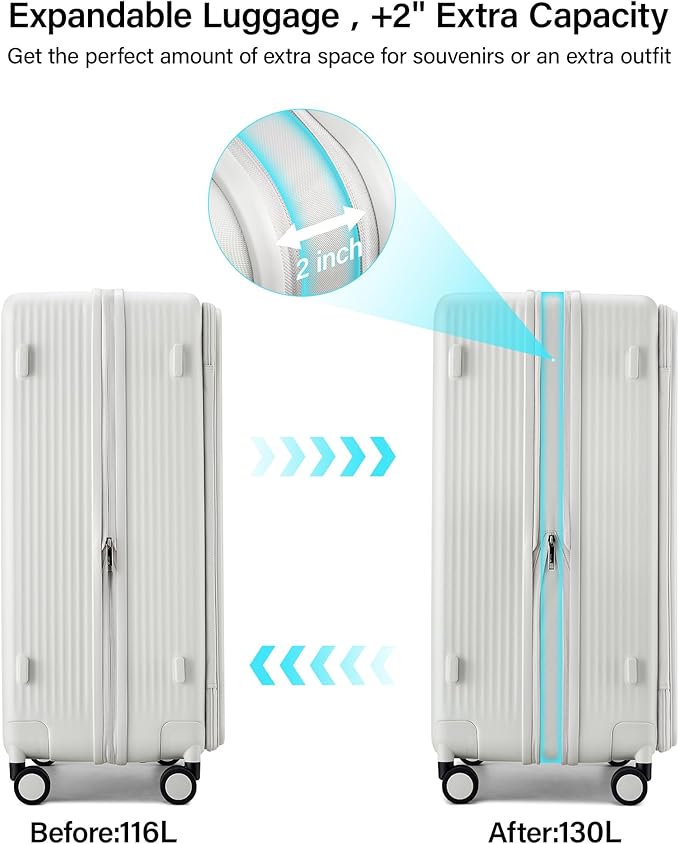 Hanke Expandable 28 Inch Luggage with Spinner Wheels Top Opening Travel Luggage Hard Shell Rolling Suitcases Large Lightweight Checked Luggage with Cup Holder(Smoke White)