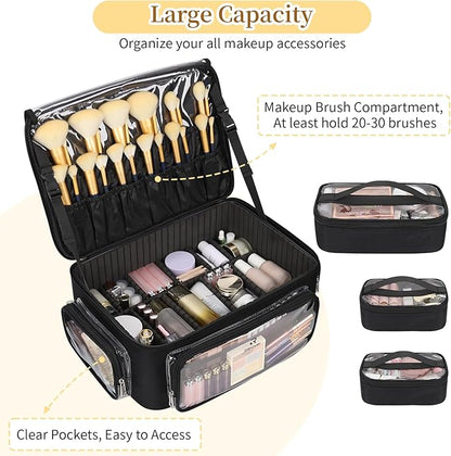 Large Makeup Case Cosmetic Organizer Box Brush Holder, Travel Makeup Train Case with 3 Clear Bags, Professional Makeup Artist Bag Cosmetic Case with Adjustable Dividers and Shoulder Strap