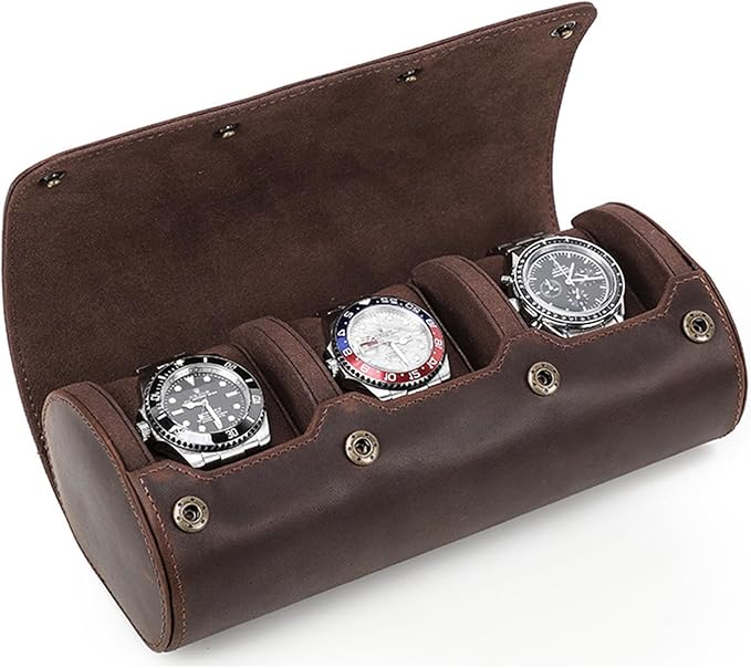Genuine Leather Watch Roll Travel Case, Travel Watch Case for Men, Leather 3-Watches Roll Case for Bracelets, Portable Watch Storage Organizer with Removable Pillows