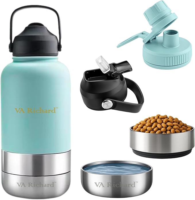 32oz Stainless Steel Dog Water Bottle, 3 in 1 Double-Walled Insulated, with 2 Bowls & 2 Different Leak-Proof Lids, Portable Travel Water Bottle for Pet & Humans, BPA-Free, Ideal for Walking & Outdoor
