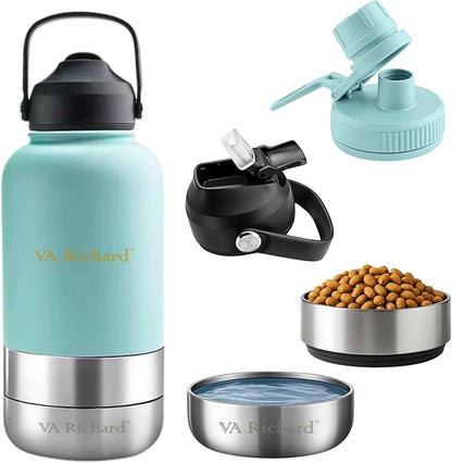 32oz Stainless Steel Dog Water Bottle, 3 in 1 Double-Walled Insulated, with 2 Bowls & 2 Different Leak-Proof Lids, Portable Travel Water Bottle for Pet & Humans, BPA-Free, Ideal for Walking & Outdoor