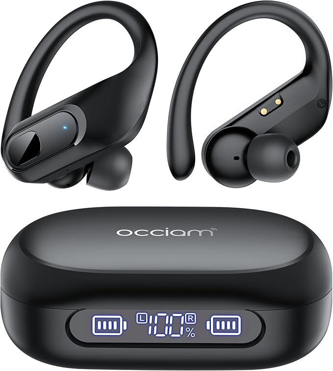 occiam Active Noise Cancelling Wireless Earbuds Bluetooth Headphones Ear Buds 96Hrs Playback Clear Call Waterproof Earphones with Ear Hook Microphones for Sport Running Exercising Black