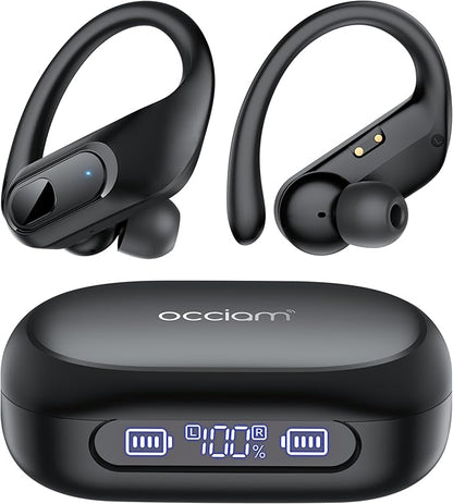 occiam Active Noise Cancelling Wireless Earbuds Bluetooth Headphones Ear Buds 96Hrs Playback Clear Call Waterproof Earphones with Ear Hook Microphones for Sport Running Exercising Black