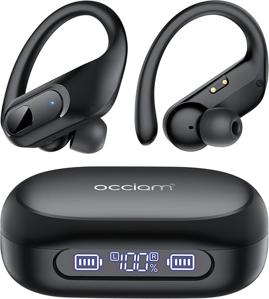 occiam Active Noise Cancelling Wireless Earbuds Bluetooth Headphones Ear Buds 96Hrs Playback Clear Call Waterproof Earphones with Ear Hook Microphones for Sport Running Exercising Black