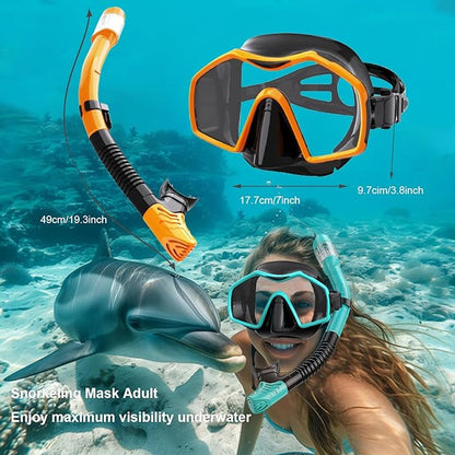 Snorkeling Gear for Adults,Dry-Top Snorkel Mask Set with Tempered Glass,Anti-Fog & Anti-Leak Panoramic Swim Mask,Adjustable Snorkel Kit with Carry Bag for Scuba Diving,Swimming,Travel