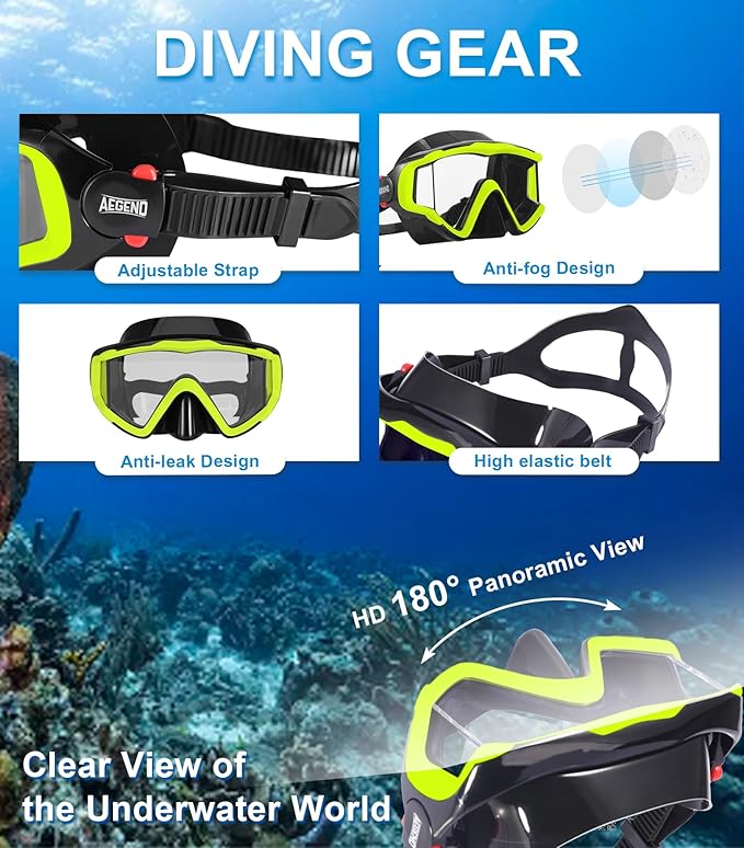 Aegend Snorkeling Gear for Adults Youth Kids, Dry Snorkel Set Panoramic View Enhanced Anti-Leak and Anti-Fog Technology, Adjustable Strap for Snorkeling Scuba Diving Swimming with Mesh Bag