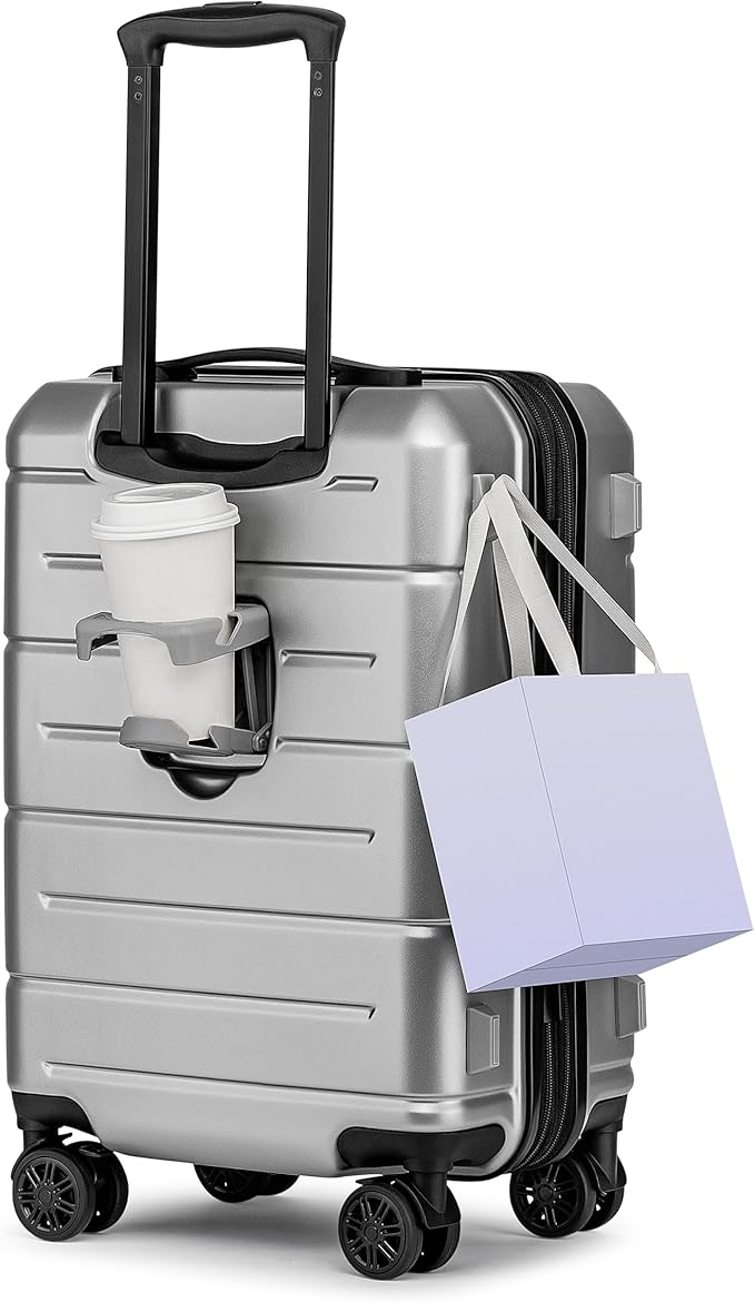 KYME Carry On Luggage 22x14x9 Airline Approved Hardshell 20 Inch with TSA Lock Carry On Suitcase with Wheels Small Travel Rolling Luggage with Cup Holder for Women Men Silver