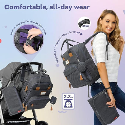 RUVALINO Diaper Bag Backpack, Multifunction Travel Pack Maternity Baby Changing Bags, Large Capacity, Waterproof, Dark Gray