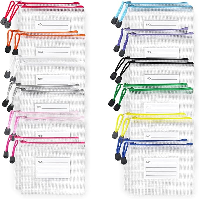 BOPART 24pcs Small Mesh Zipper Pouch 6.3x4.9 Inches Waterproof Zip Mesh Bags with Label Pocket for School Office Supplies & Cosmetics Travel Accessories