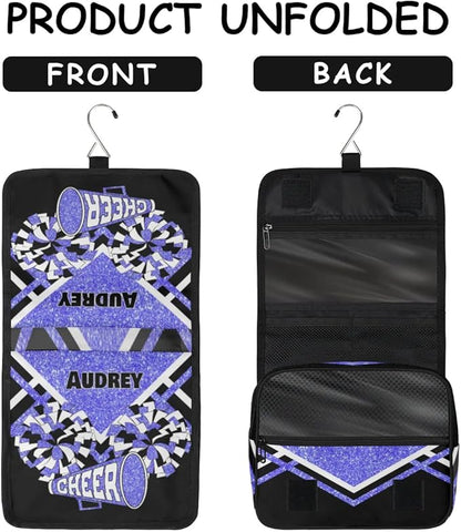 Personalized Hanging Toiletry Bag for Women, Large Capacity Cheerleading Travel Custom Name For Mothers Day, Birthday, Anniversary, Wedding, Light Blue Glitter Black