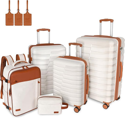 5-Piece Lightweight Luggage with Backpack Sets, ABS+PC Hard Shell Suitcase with TSA Lock & YKK Zipper (White, 20in/24in/28in/BP/TB)