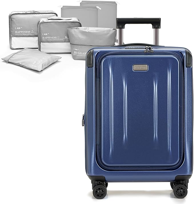 Carry On Luggage, 20 Inch Top Opening Aluminum Frame Lightweight Airline Approved ABS+PC Hard Shell Suitcases with Silent Wheels, TSA Lock, Front Pocket & Wet-dry Separated Six-piece Set (Dark Blue)