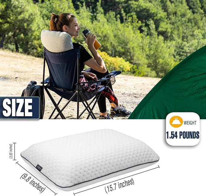 alkamto Travel & Camping Comfortable Memory Foam Pillow – Easy to Carry Portable Bag – Temperature Regulating Pillow Case (White + Extra Cover)