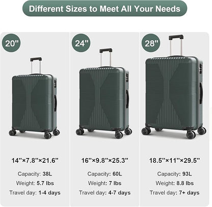 Karl home 24" Check-in Luggage, PP Hardside Checked Medium Suitcase with Wheels, Waterproof Durable Rolling Luggage with Built-in Lock for Travel Business, Dark Green