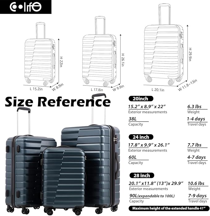 Coolife Larage Luaggage Hardside Expandable Suitcase with Spinner Wheels Checked 28-Inch（Teal Blue）