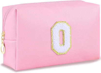 Initial Makeup Bag Personalized Preppy Travel Small Cosmetic Bag Cute PU Pink Chenille Letter Makeup Pouch for Purse Waterproof Zippered Toiletry Organizer for Women Girls Kids Friends (O)