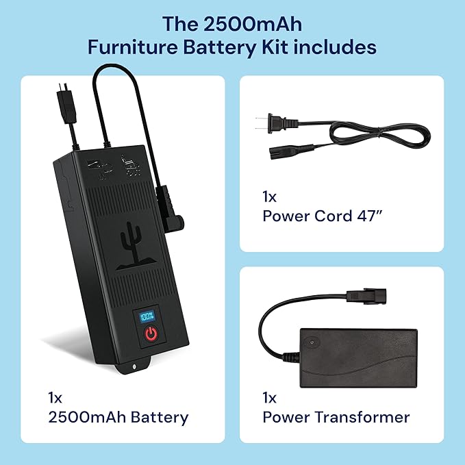 The Blue Cactus 2500mAh Furniture Battery Kit - Battery, Power Transformer, Power Cord - 2-Pin Furniture Connector - with LCD Display for Simple Recliner Chairs