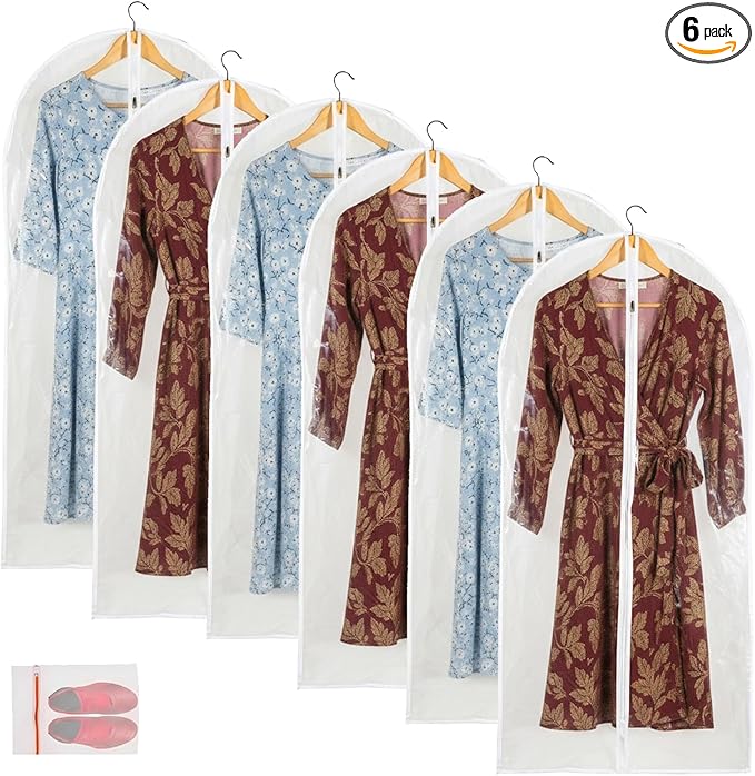 Clear Garment Bag Long Garment Bags for Gowns, Vinyl Dress Bags for Closet Storage, Coat Covers for Closet With Zipper Plastic Garment Bags for Hanging Clothes Long Dress - 24'' X 48''/6 Pack