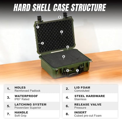 16x 12.8x 6.8 Inch Hard Case, Portable Weather Waterproof Protective Camera Case with Customizable Foam, Fit Use of Drones, Camera, Equipments, Green