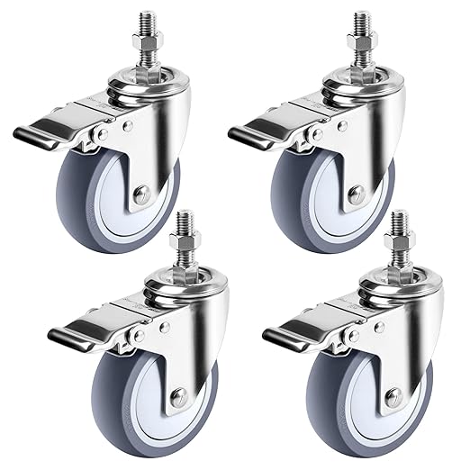 4 inch Stainless Steel Caster Wheels Heavy Duty, 1/2"-13x1-1/2 Threaded Stem Casters with Brake, Rust Resistant, Non-Marking TPR Rubber Wheels for Hospital, Lab,Furniture,Restaurant