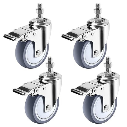 4 inch Stainless Steel Caster Wheels Heavy Duty, 1/2"-13x1-1/2 Threaded Stem Casters with Brake, Rust Resistant, Non-Marking TPR Rubber Wheels for Hospital, Lab,Furniture,Restaurant