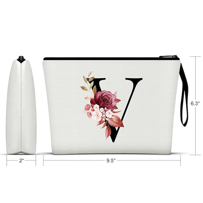 Vavabox A-Z Personalized Makeup Bag, Birthday Gifts for Women Mom, Gifts for Best Friend, Bride Bridesmaid Cosmetic bag (V, White)