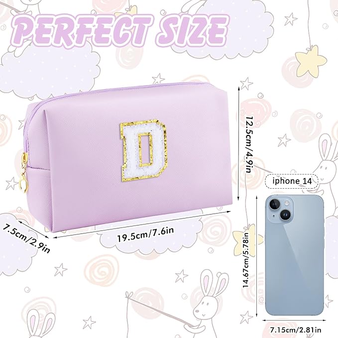 Gifts for Girls Initial Makeup Bag Personalized Cosmetic Bag with Zipper Cute Travel Toiletry Bag Waterproof PU Preppy Makeup Pouch Birthday Gift for Teen Girls Women(Purple D)