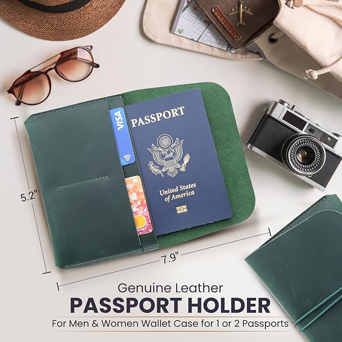 Leather Passport Holder with Travel Wallet, Genuine Leather Passport Cover- Passport Wallet, Leather Folding Wallet for Passports (Strap, Green)