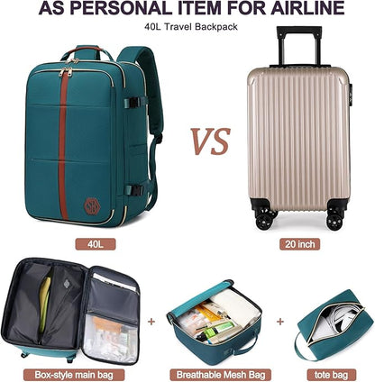40L Travel Laptop Backpack for Women & Men, Airline Approved Carry On Luggage Overnight Bags, Waterproof Personal Item Bag, Weekender Essentials Backpacks Vacuum Backpack Dark Green
